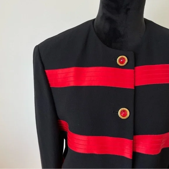 Louis Feraud Black Red Striped Wool Blend Jewel Button Evening Jacket EUC Sz 10